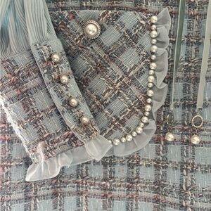 TWEED Dreams! with Pearl Accents Long Sleeve Sheath Dress with Mock Neck